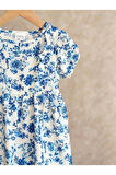 %100 Pamuklu Mavi Çiçek Desenli Kısa Kollu Keten Elbise Bayramlık