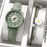 Kadın Papatya Detaylı Yeşil Saat ve Bileklik Seti – Şık & Zarif Kombin ( Kutusuz )