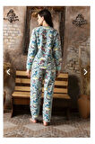 Kadın Desenli Bisiklet Yaka Kol Bilek Manşet Lastikli Uzun Kol Kışlık Welsoft Pijama Takımı