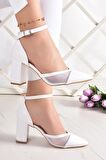 Diana Beyaz Vegan Fileli Kalın Topuklu Ayakkabı
