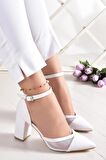 Diana Beyaz Vegan Fileli Kalın Topuklu Ayakkabı