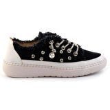 Valentina Siyah Denim Kristal Taşlı Gümüş Bağcıklı Sneaker