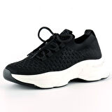 Siyah Örgü Dokuma Taş Detaylı Bağcıklı Slip-on Sneaker