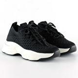 Siyah Örgü Dokuma Taş Detaylı Bağcıklı Slip-on Sneaker