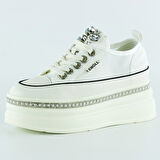 Beyaz Yüksek Taban Kristal Taşlı İnci Detaylı Bağcıklı Gelin Platform Sneaker