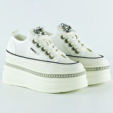 Beyaz Yüksek Taban Kristal Taşlı İnci Detaylı Bağcıklı Gelin Platform Sneaker