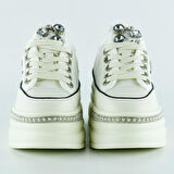 Beyaz Yüksek Taban Kristal Taşlı İnci Detaylı Bağcıklı Gelin Platform Sneaker