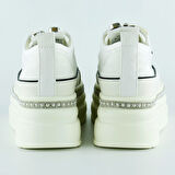 Beyaz Yüksek Taban Kristal Taşlı İnci Detaylı Bağcıklı Gelin Platform Sneaker