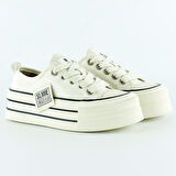 Bej Saten Yüksek Taban Spor Taşlı Bağcıklı Platform Sneaker