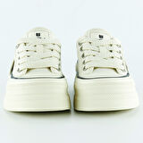 Bej Saten Yüksek Taban Spor Taşlı Bağcıklı Platform Sneaker