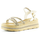 Bej Saten Altın Kristal Taşlı Platform Sandalet