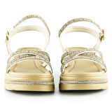 Bej Saten Altın Kristal Taşlı Platform Sandalet