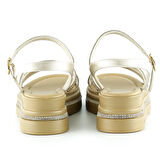 Bej Saten Altın Kristal Taşlı Platform Sandalet