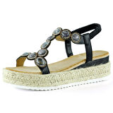 Siyah Kristal Taşlı Elastik Bantlı Zikzak Örgü Jüt Platform Topuklu Sandalet