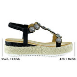 Siyah Kristal Taşlı Elastik Bantlı Zikzak Örgü Jüt Platform Topuklu Sandalet