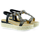 Siyah Kristal Taşlı Elastik Bantlı Zikzak Örgü Jüt Platform Topuklu Sandalet
