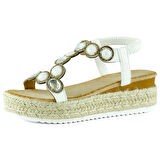 Beyaz Kristal Taşlı Elastik Bantlı Zikzak Örgü Jüt Platform Topuklu Sandalet