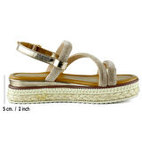 Bronz Üç Bant Taşlı İnci Detaylı Zikzak Örgülü Platform Sandalet