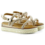 Bronz Üç Bant Taşlı İnci Detaylı Zikzak Örgülü Platform Sandalet