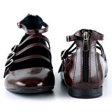 Elenuta Bordo Hakiki Deri Rugan Dört Bant Tokalı Fermuarlı Balerin Babet