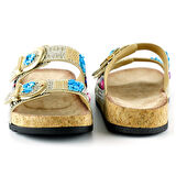 Bej Sabit Çift Bantlı Renkli Taşlı Boncuklu Mantar Taban Görünümlü Terlik