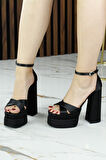 Erkan Saçmacı Celine Siyah Saten Önü Açık Çapraz Bantlı Çift Platformlu Kalın Topuklu Abiye Ayakkab