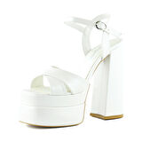 Erkan Saçmacı Whitney İnci Beyaz Önü Arkası Açık Çift Platformlu Bantlı Abiye Gelin Ayakkabısı