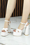 Erkan Saçmacı Whitney İnci Beyaz Önü Arkası Açık Çift Platformlu Bantlı Abiye Gelin Ayakkabısı