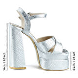 Erkan Saçmacı Whitney Lame Croco Önü Arkası Açık Çift Platformlu Bantlı Kalın Topuklu Abiye 