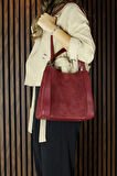 Bordo Hakiki Dana Süet Manyetik Kapaklı Büyük Boy Günlük Omuz Çantası ve Askılı El Çantası