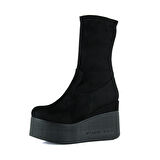 Yuki Siyah Süet Streç Kürk Astarlı Fermuarlı Yuvarlak Burun Gizli Dolgu Topuklu Bot
