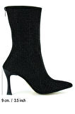 Nell Siyah Süet Taşlı Sivri Burun Fermuarlı İnce Topuklu Abiye Yarım Çizme