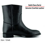 Erkan saçma Siyah Hakiki Dana Derisi Metal Detaylı Fermuarlı Yuvarlak Burun Kalın Topuklu Günlük Bot