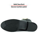 Erkan saçma Siyah Hakiki Dana Derisi Metal Detaylı Fermuarlı Yuvarlak Burun Kalın Topuklu Günlük Bot
