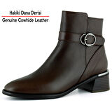 Erkan saçmacı Kahverengi Hakiki Dana Derisi Tokalı Fermuarlı Yuvarlak Burun Kalın Topuklu Günlük Bot