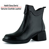 Erkan saçmacı Siyah Hakiki Dana Derisi Tokalı Fermuarlı Yuvarlak Burun Kalın Topuklu Günlük Bot