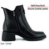 Erkan saçmacı Siyah Hakiki Dana Derisi Tokalı Fermuarlı Yuvarlak Burun Kalın Topuklu Günlük Bot