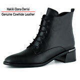 Erkan saçmacı  Siyah Hakiki Dana Derisi Bağcıklı Fermuarlı Yuvarlak Burun Kalın Topuklu Günlük Bot