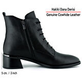 Erkan saçmacı  Siyah Hakiki Dana Derisi Bağcıklı Fermuarlı Yuvarlak Burun Kalın Topuklu Günlük Bot
