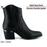 Erkan saçmacı  Siyah Hakiki Dana Derisi Tokalı Fermuarlı Sivri Burun Kalın Topuklu Günlük Bot