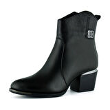 Erkan saçmacı  Siyah Hakiki Dana Derisi Tokalı Fermuarlı Sivri Burun Kalın Topuklu Günlük Bot