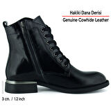 Erkan saçmacı Siyah Rugan Hakiki Dana Derisi Taşlı Bağcıklı Fermuarlı Yuvarlak Kalın Topuklu Günlü