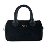 Erkan Saçmacı Siyah Hakiki Dana Süet Fermuarlı Askılı İç Cepli Küçük Boy Günlük Omuz Çantası