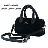 Erkan Saçmacı Siyah Hakiki Dana Süet Fermuarlı Askılı İç Cepli Küçük Boy Günlük Omuz Çantası