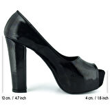 Erkan Saçmacı Carolina Siyah Rugan Önü Açık Yuvarlak Burun Kalın Platform Topuklu Abiye Ayakkabı