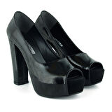 Erkan Saçmacı Carolina Siyah Rugan Önü Açık Yuvarlak Burun Kalın Platform Topuklu Abiye Ayakkabı