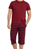 Erkek Bisiklet Yaka 3 Düğmeli Ekose Desen Modal Kısa Kol Cepli Kapri Pijama Takımı