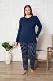Kadın Bisiklet Yaka Düğmesiz Dökümlü Viskon Mevsimlik Uzun Kollu Cepli Pijama Takımı