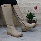 Pierre Cardin 52500 Krem  Fermuarlı 43cm İçi Kürklü Kadın Çizme