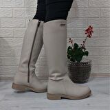 Pierre Cardin 52500 Krem  Fermuarlı 43cm İçi Kürklü Kadın Çizme